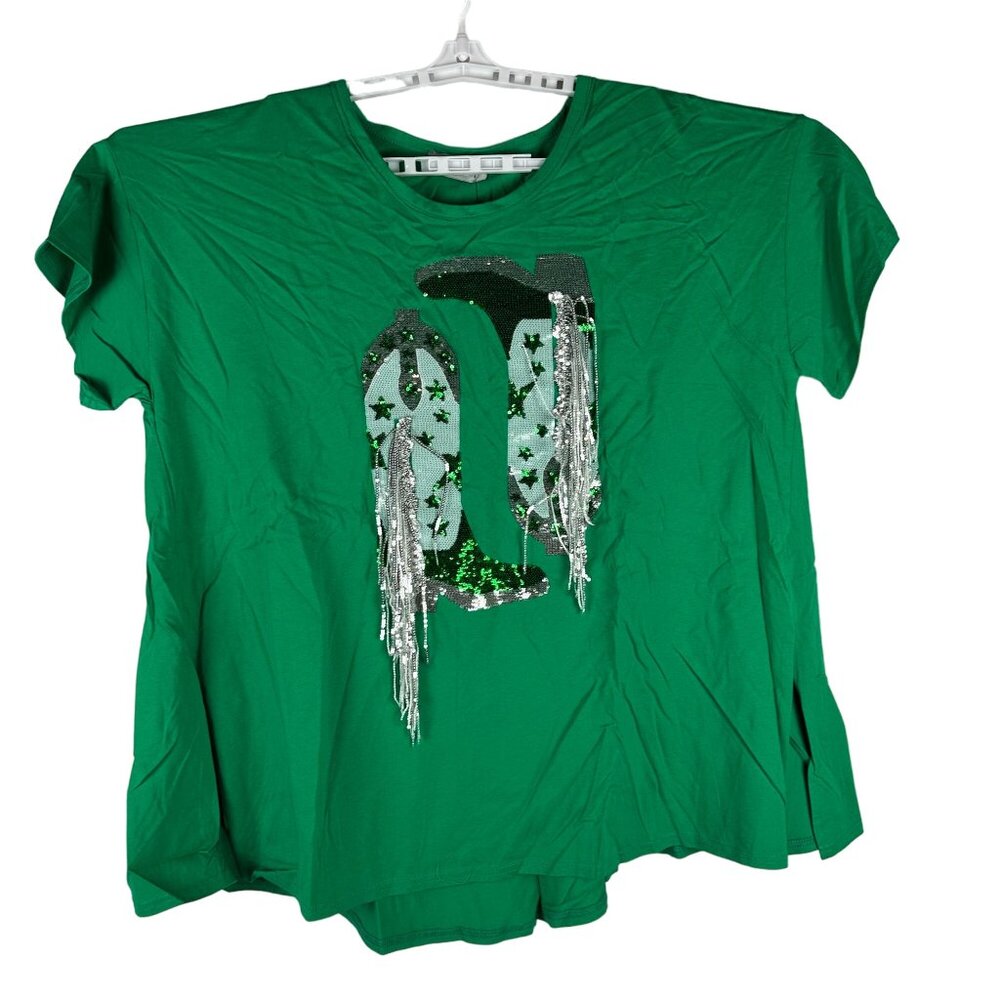 Blue B. Collection Womens Kelly Green Sequin Cowboy Boot Graphic T-Shirt Size L